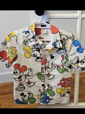 Kids White Mickey Mouse Button-Up Shirt with Colorful Prints